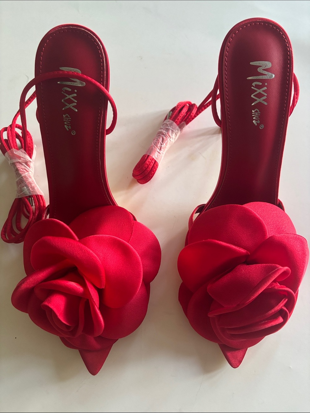 Mixx Shuzz Red Floral Satin Slide Sandal with Rose Accent